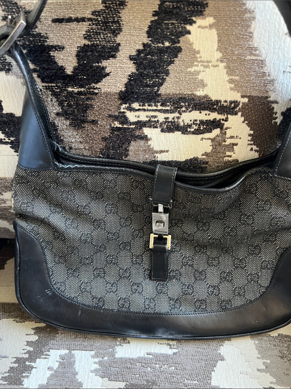 Gucci Black and Gray Monogram Shoulder Bag with Buckle